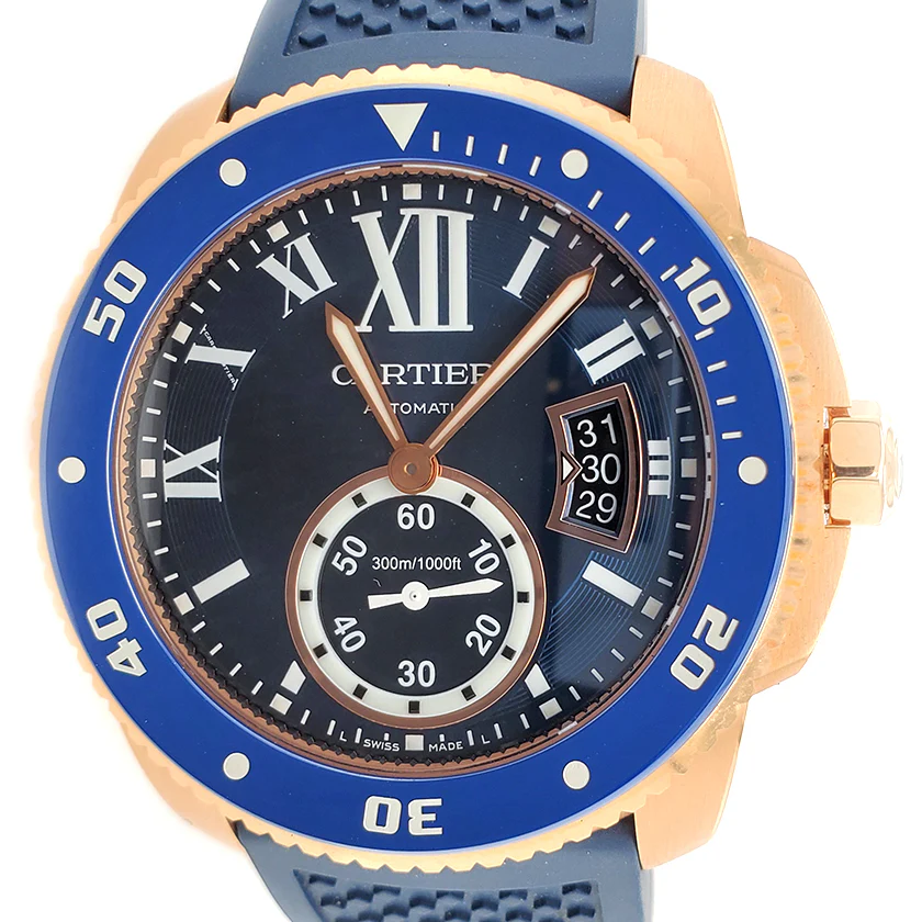 Calibre de Cartier Diver Blue Roman Dial/Bezel 42mm Rose Gold Watch Box Papers - Image 2