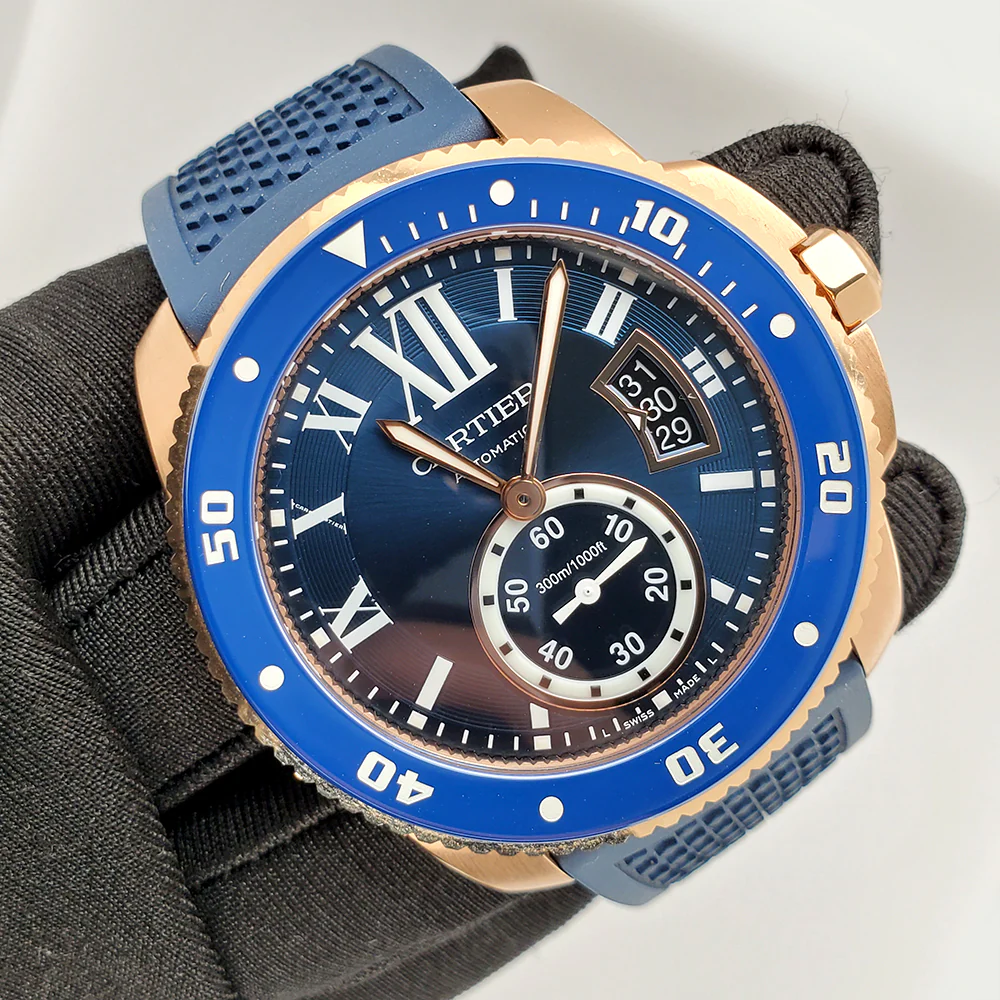Calibre de Cartier Diver Blue Roman Dial/Bezel 42mm Rose Gold Watch Box Papers - Image 5