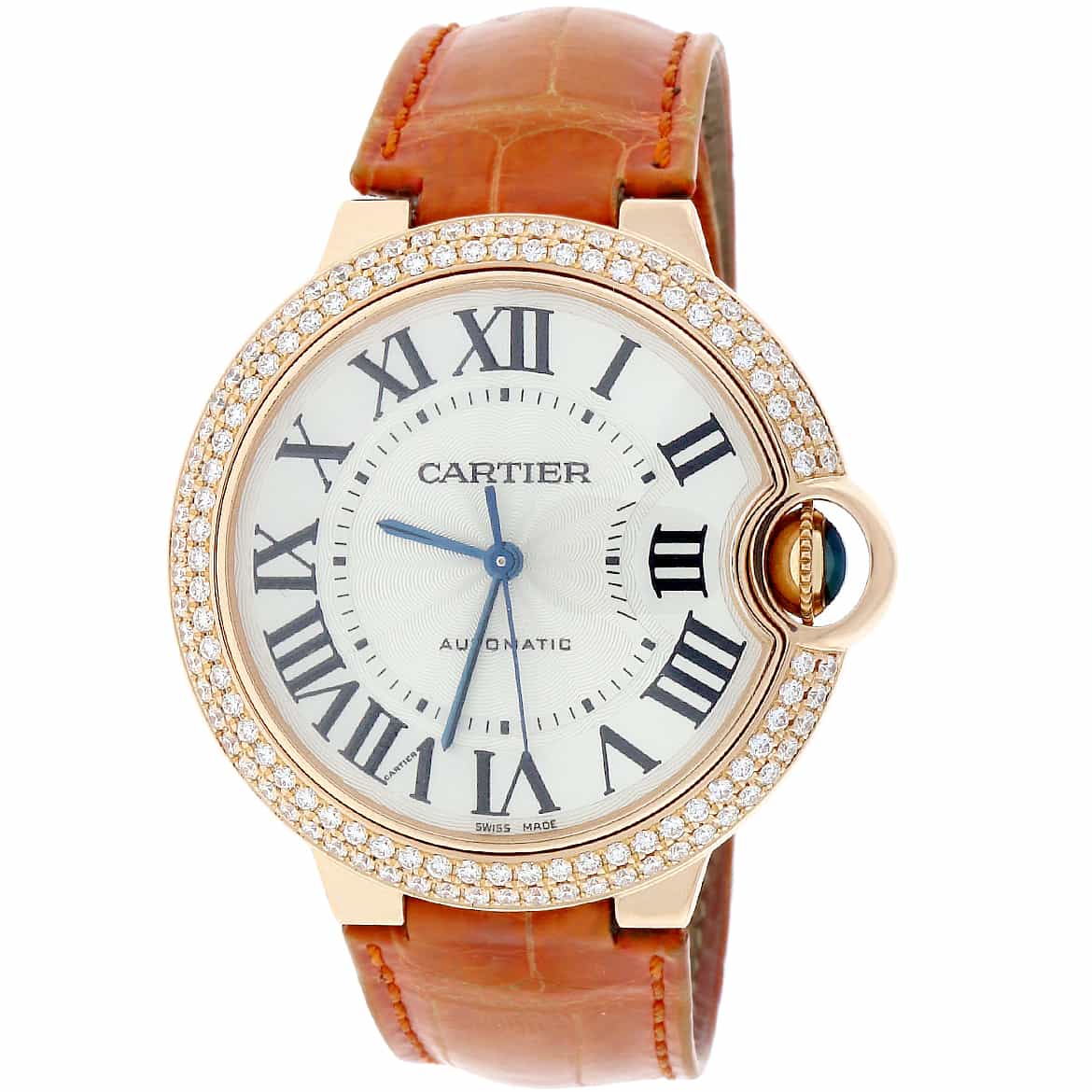 Cartier Ballon Bleu 18K Rose Gold Silver Roman Dial Factory Diamond Bezel 36MM Ladies Watch WE900551