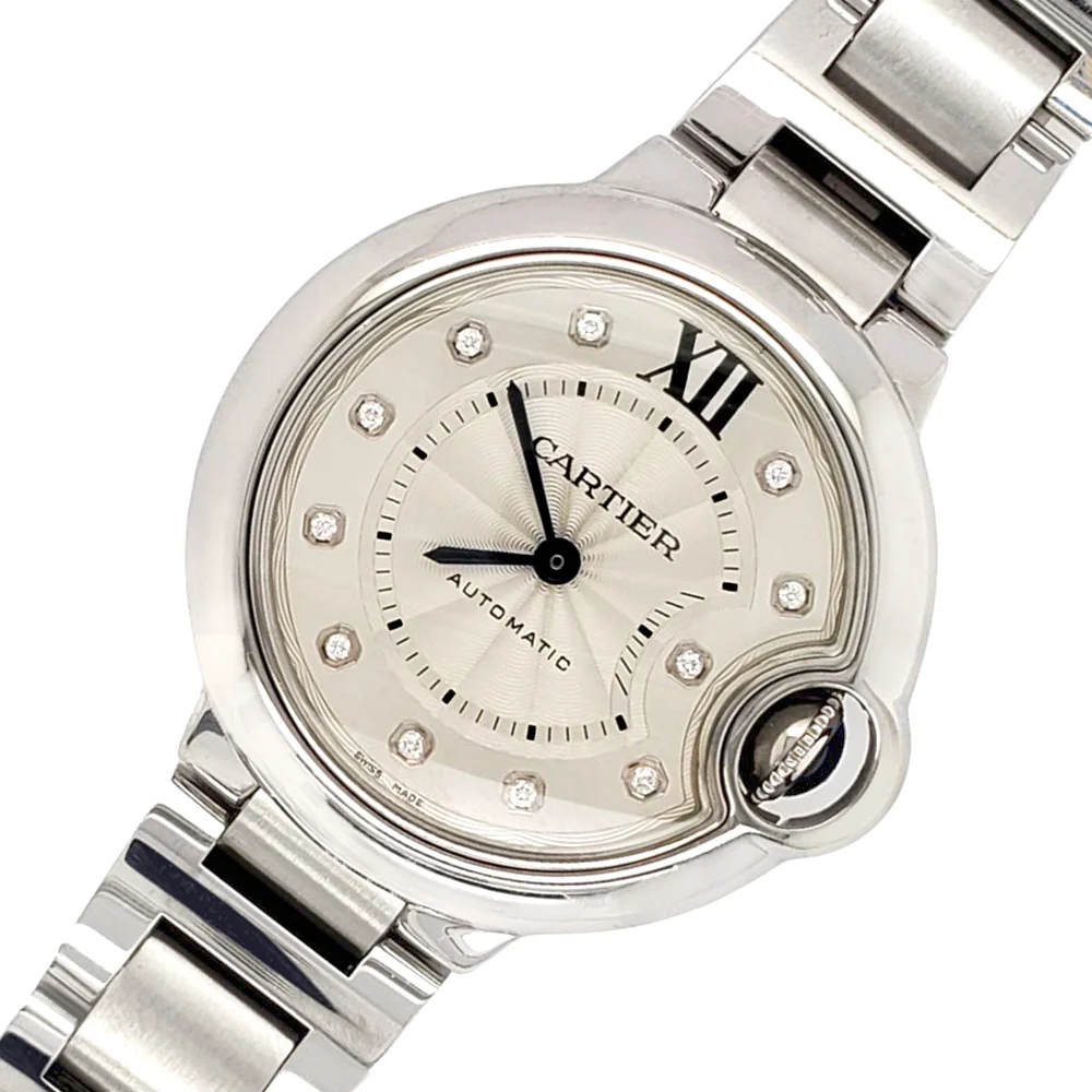 Cartier Ballon Bleu 33MM Factory Silver Diamond Dial Stainless Steel Watch 3489