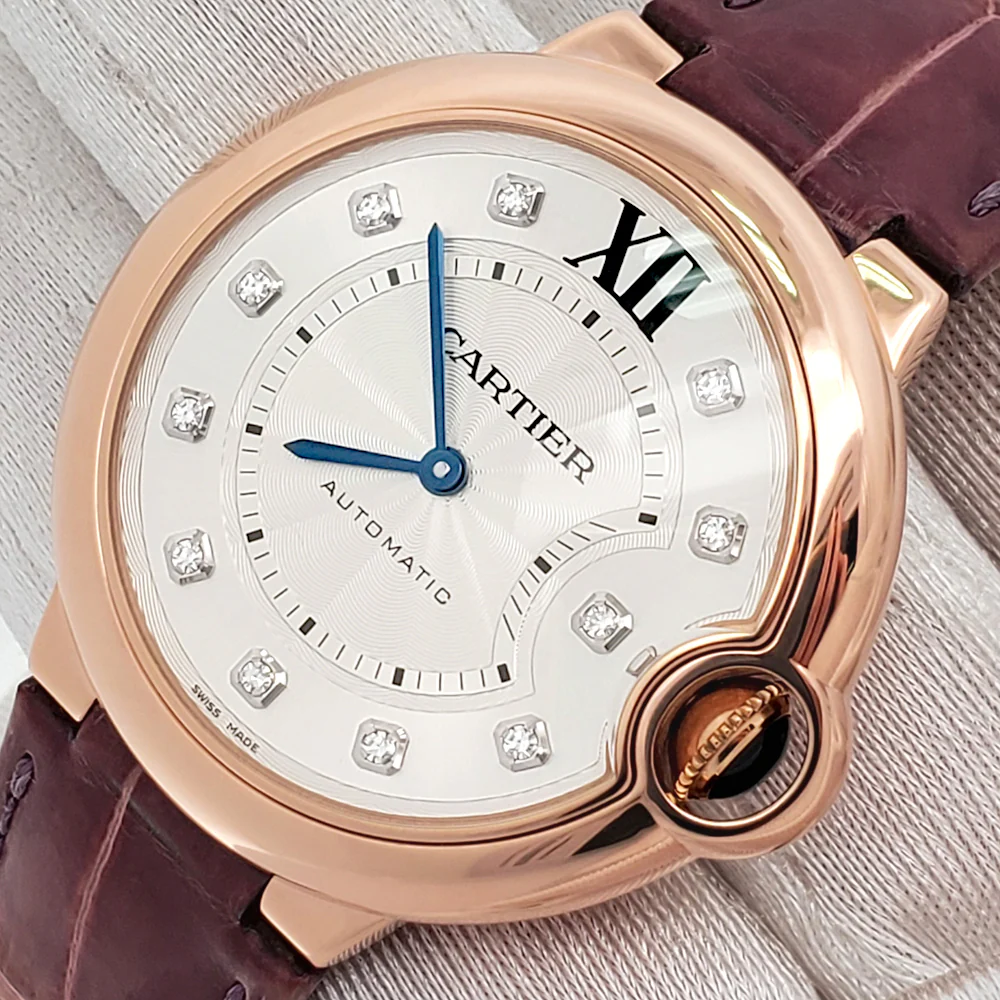 Cartier Ballon Bleu 36mm Diamond Dial Rose Gold Watch WE902028 3003 Box Booklet