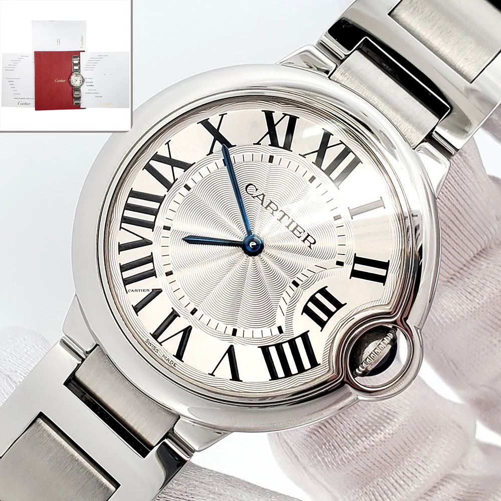 Cartier Ballon Bleu 36mm Silver Roman Dial Quartz Steel Watch W69011Z4 3005 Papers