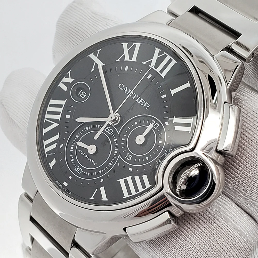 Cartier Ballon Bleu 44mm Black Roman Chronograph Steel Watch W6920077