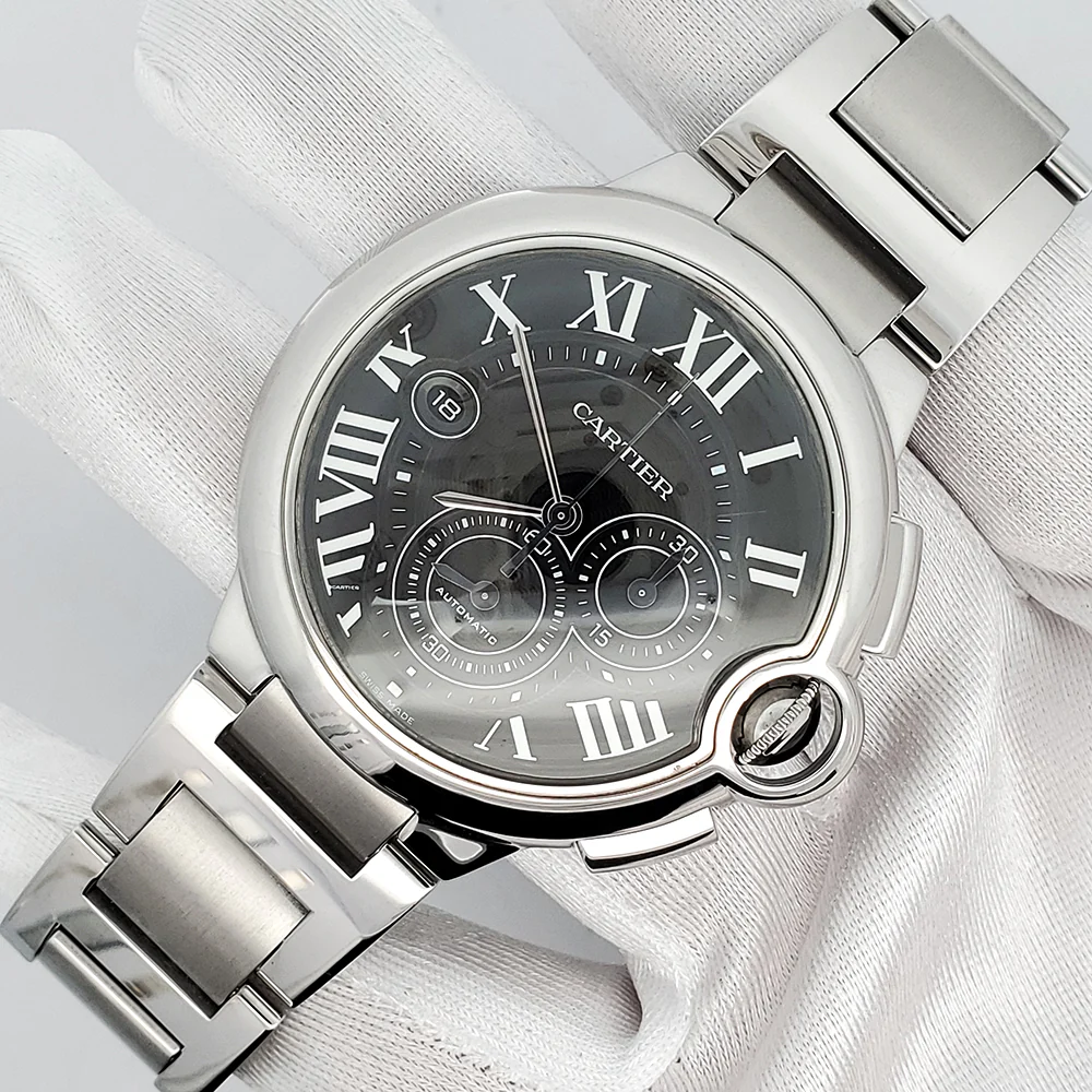 Cartier Ballon Bleu 44mm Black Roman Chronograph Steel Watch W6920077 - Image 2