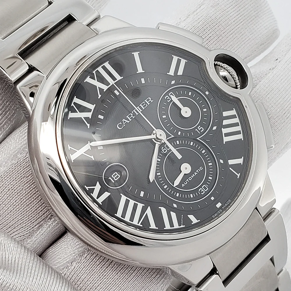 Cartier Ballon Bleu 44mm Black Roman Chronograph Steel Watch W6920077 - Image 3