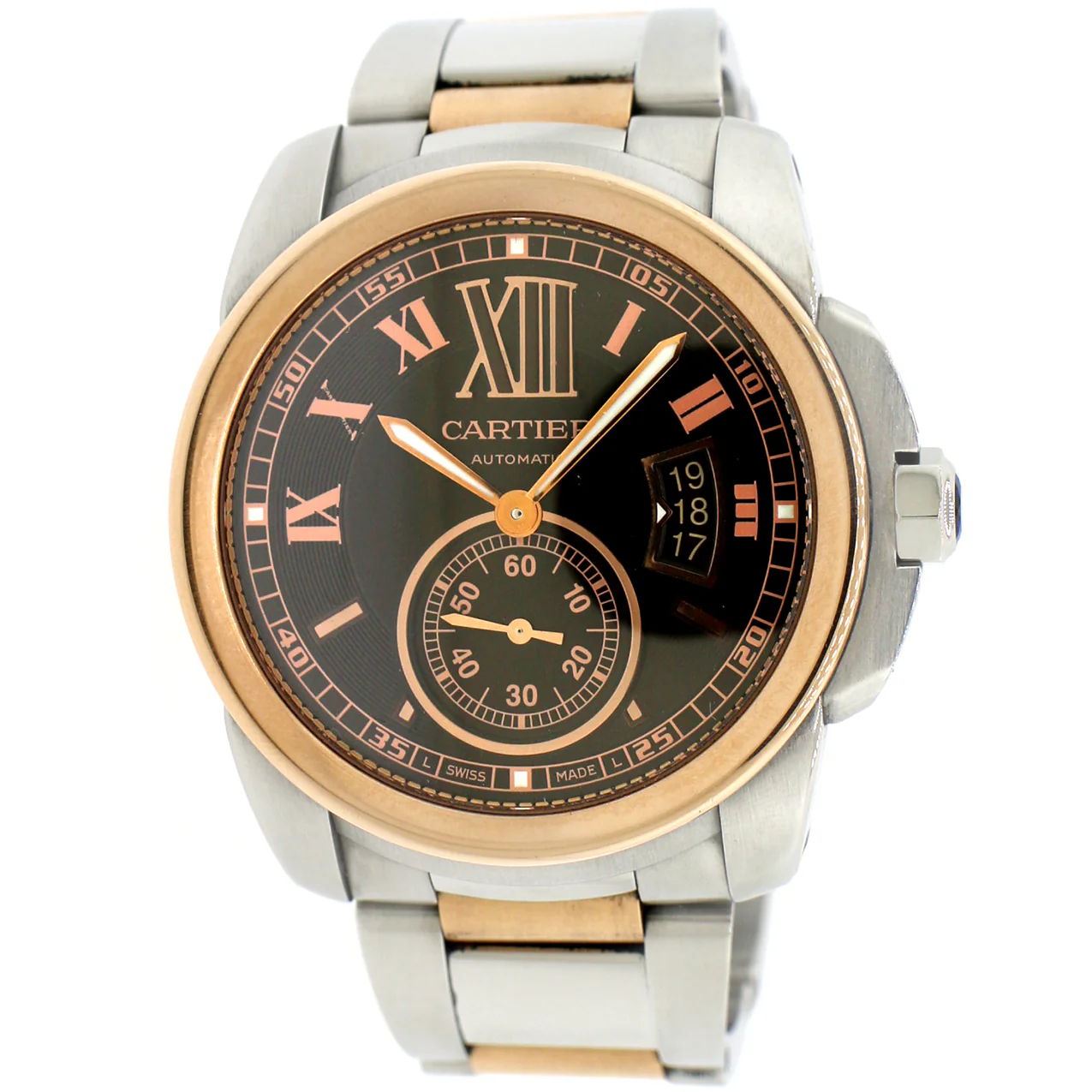 Cartier Calibre 42MM Chocolate Roman Dial Rose Gold & Stainless Steel Watch