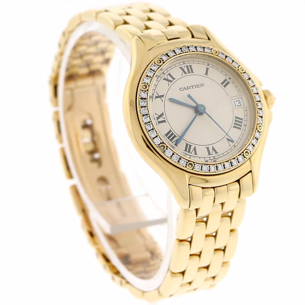 Cartier Cougar Date 18K Yellow Gold Original Diamond Bezel Silver Roman Dial 26MM Ladies Watch 887907 - Image 3