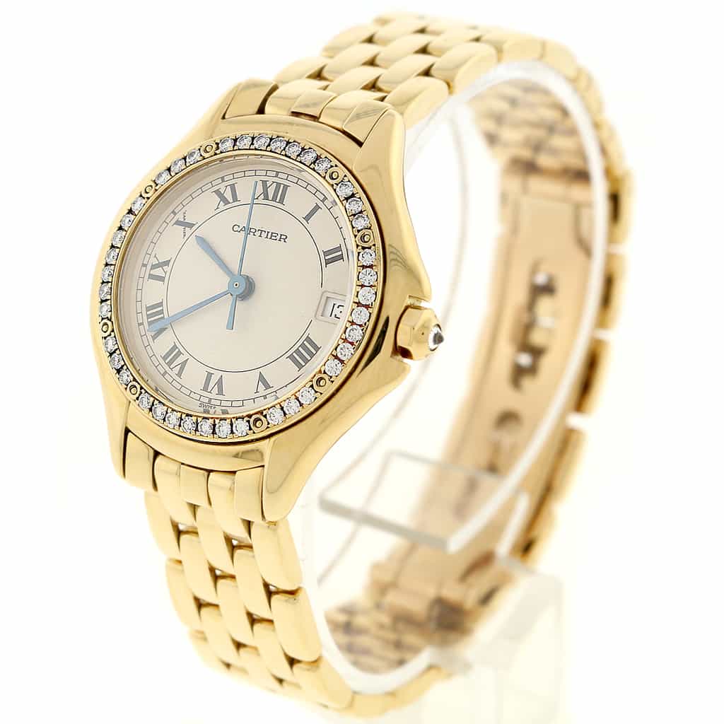 Cartier Cougar Date 18K Yellow Gold Original Diamond Bezel Silver Roman Dial 26MM Ladies Watch 887907 - Image 4