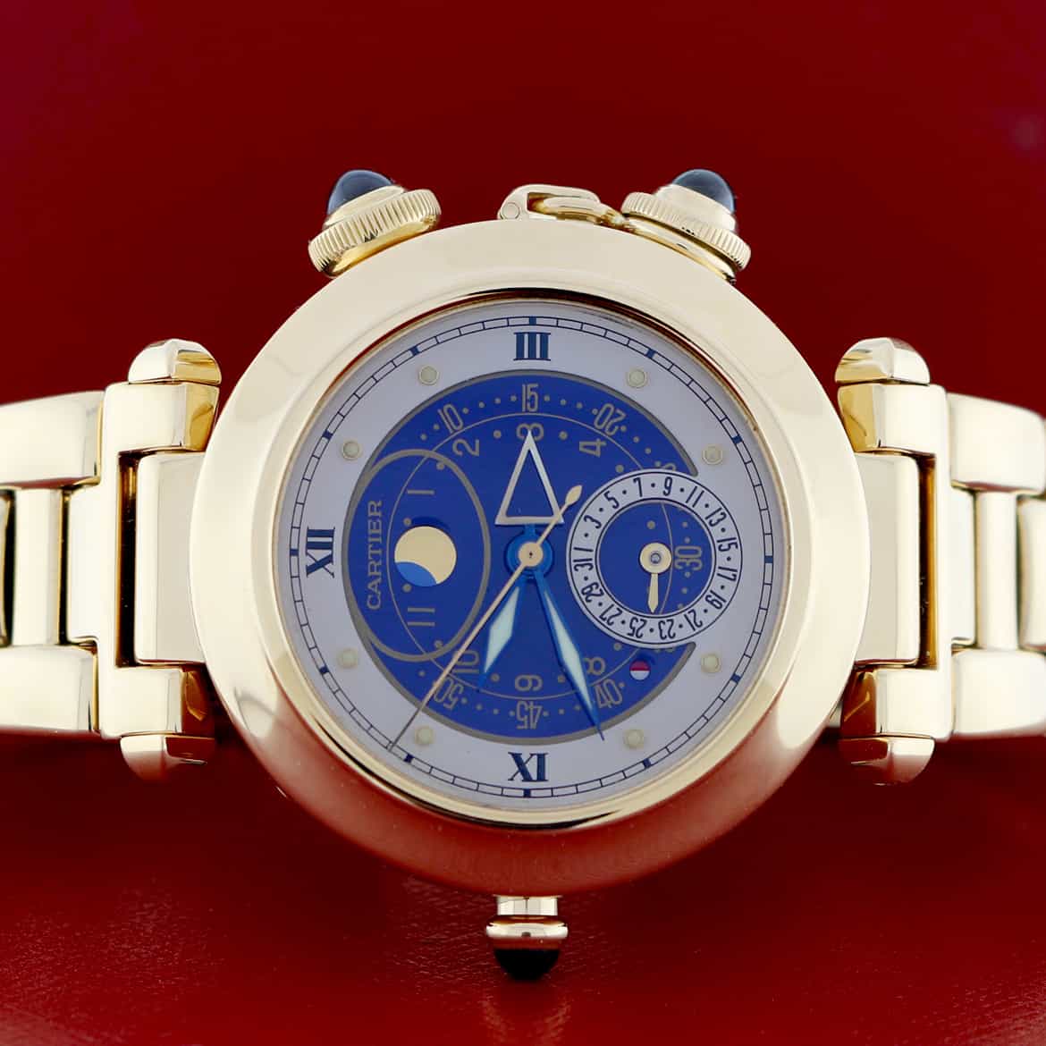 Cartier Pasha 18K Yellow Gold Alarm Moon Phase Blue Dial 38MM Mens Watch 30011 - Image 2