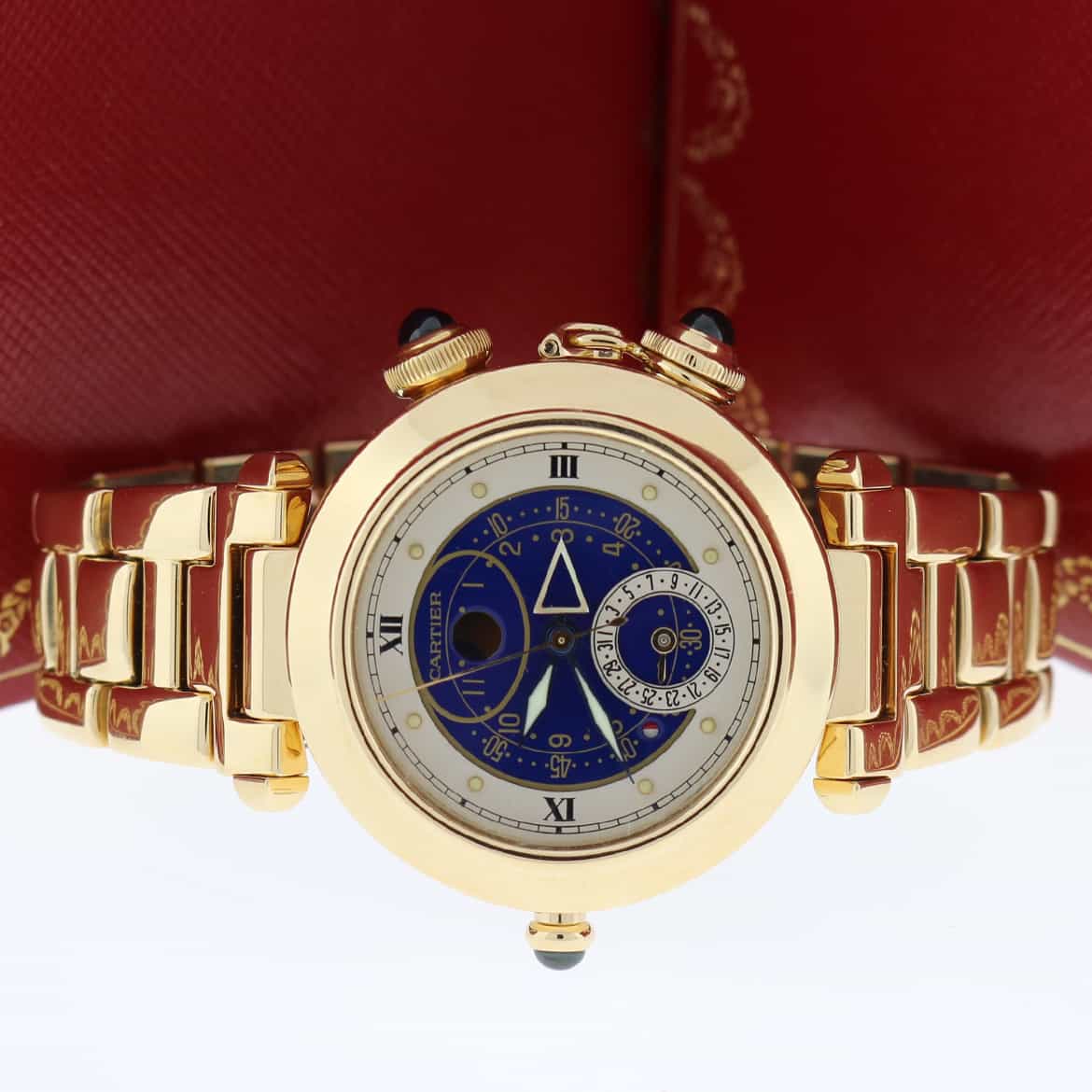 Cartier Pasha 18K Yellow Gold Alarm Moon Phase Blue Dial 38MM Mens Watch 30011 - Image 3