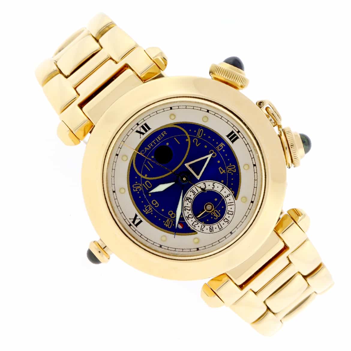 Cartier Pasha 18K Yellow Gold Alarm Moon Phase Blue Dial 38MM Mens Watch 30011 - Image 4