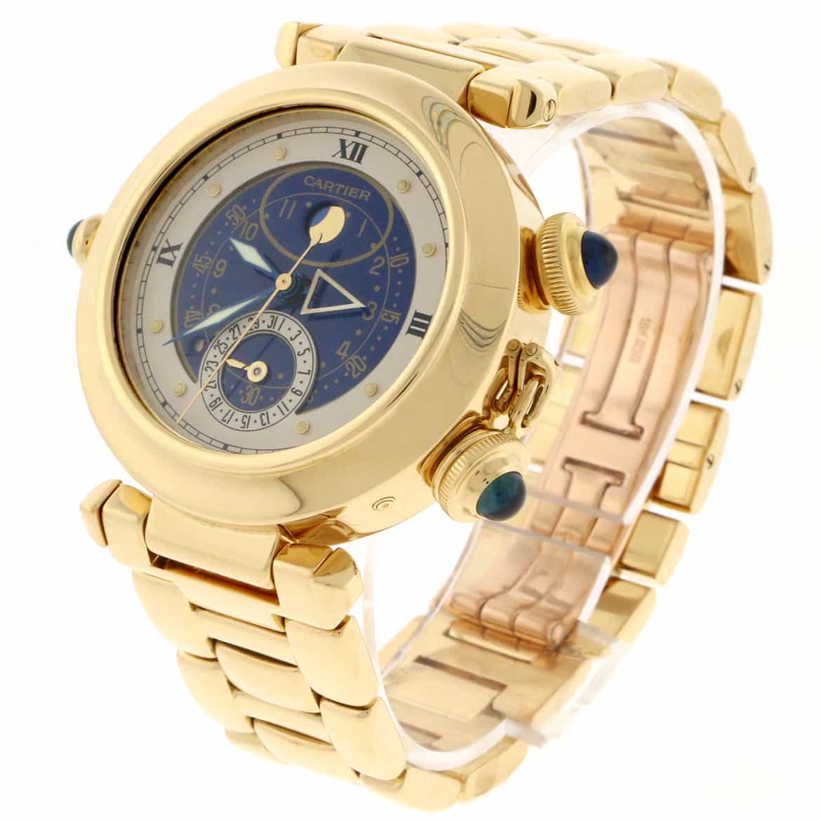 Cartier Pasha 18K Yellow Gold Alarm Moon Phase Blue Dial 38MM Mens Watch 30011 - Image 6