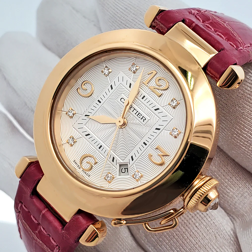 Cartier Pasha 32mm Factory Silver Diamond Dial Yellow Gold Watch 2519 Box Booklet