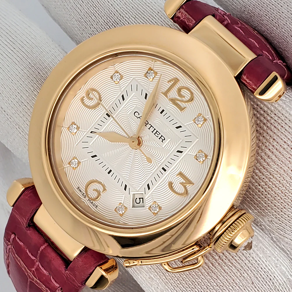 Cartier Pasha 32mm Factory Silver Diamond Dial Yellow Gold Watch 2519 Box Booklet - Image 3