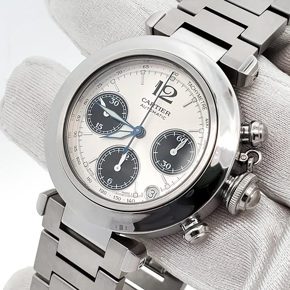 Cartier Pasha C 36mm Silver Panda Dial Chronograph Steel W31048M7 Watch Box Papers - Image 2