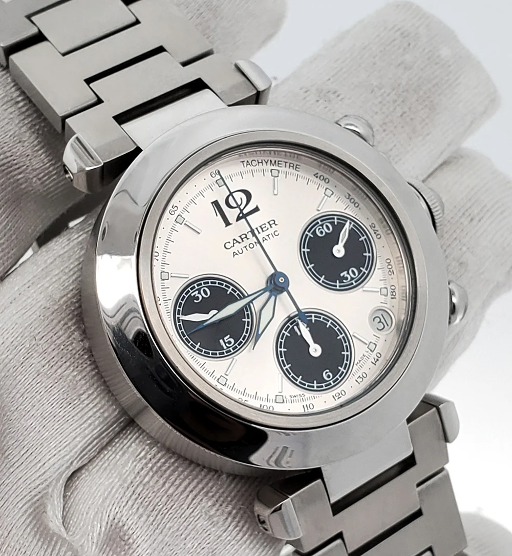 Cartier Pasha C 36mm Silver Panda Dial Chronograph Steel W31048M7 Watch Box Papers - Image 5