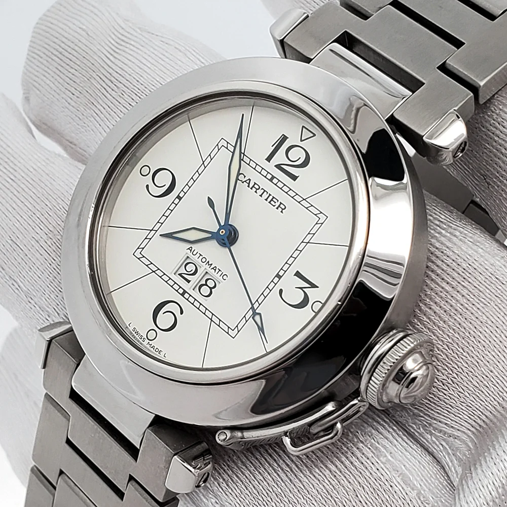 Cartier Pasha C Big Date 35mm White Dial Steel Watch 2475 W31055M7