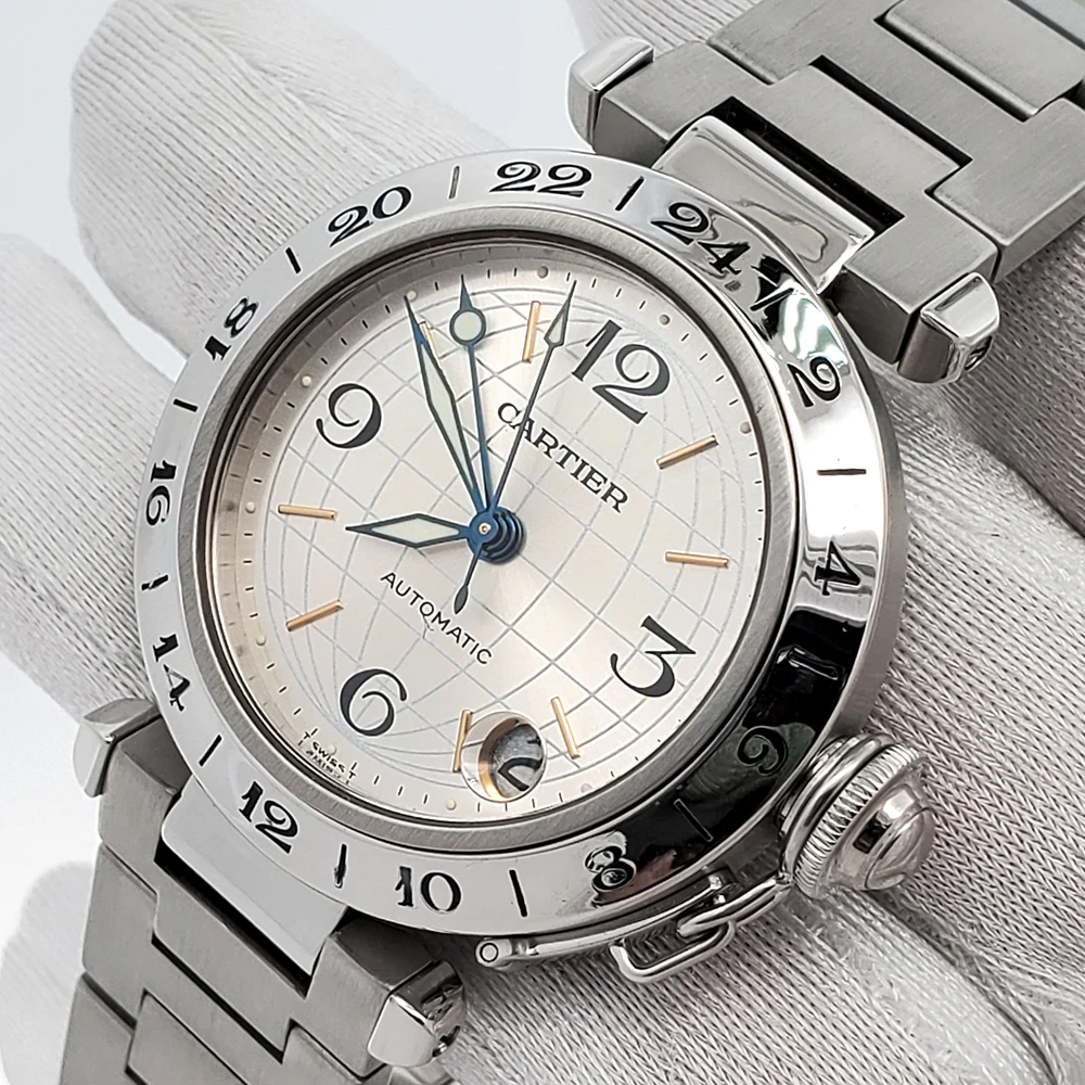 Cartier Pasha GMT Meridian 35mm Silver Grid Dial Steel Watch 2377 W31078M7