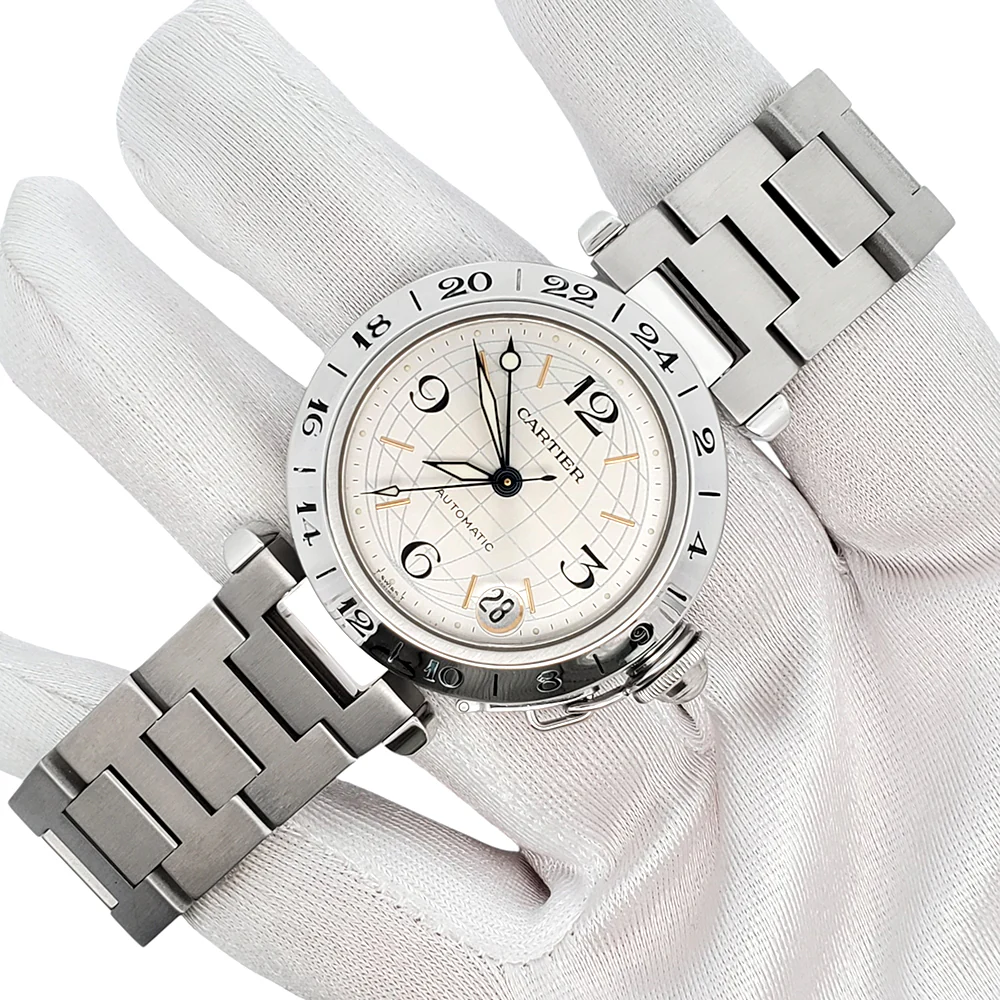 Cartier Pasha GMT Meridian 35mm Silver Grid Dial Steel Watch 2377 W31078M7 - Image 3