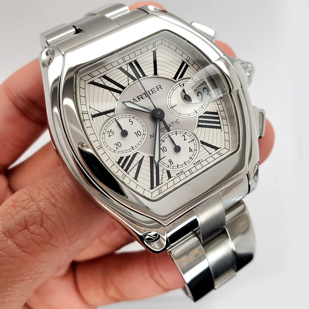 Cartier Roadster Chronograph XL 43mm Silver Roman Dial Steel Watch W62019X6 Box Papers - Image 3