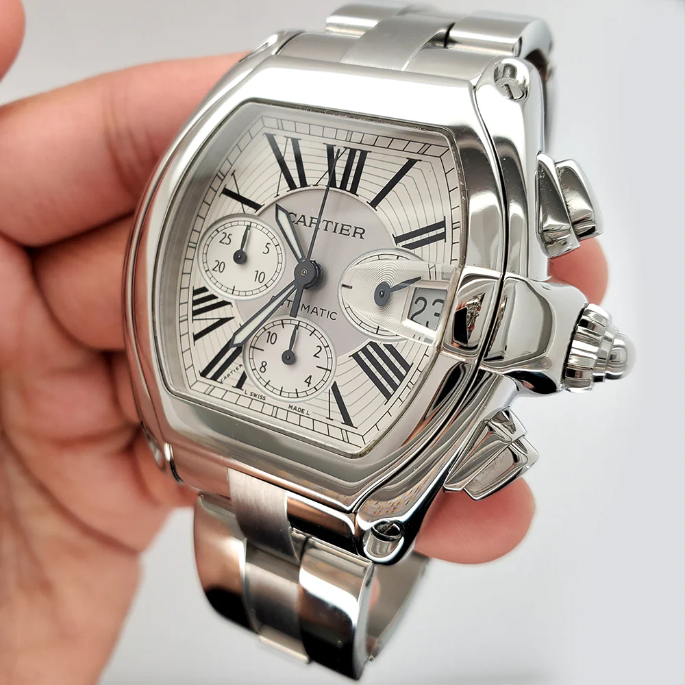 Cartier Roadster Chronograph XL 43mm Silver Roman Dial Steel Watch W62019X6 Box Papers - Image 4