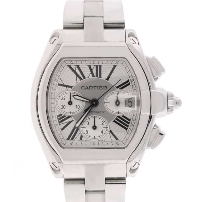Cartier Roadster Chronograph XL Silver Roman Dial Automatic Stainless Steel Mens Watch W62019X6