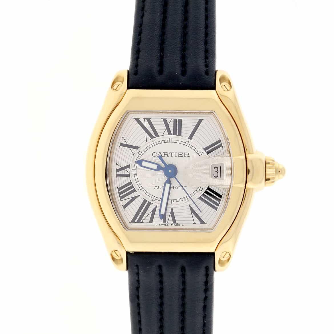 Cartier Roadster Large 18K Yellow Gold Silver Roman Dial Automatic Mens Watch W62005V1
