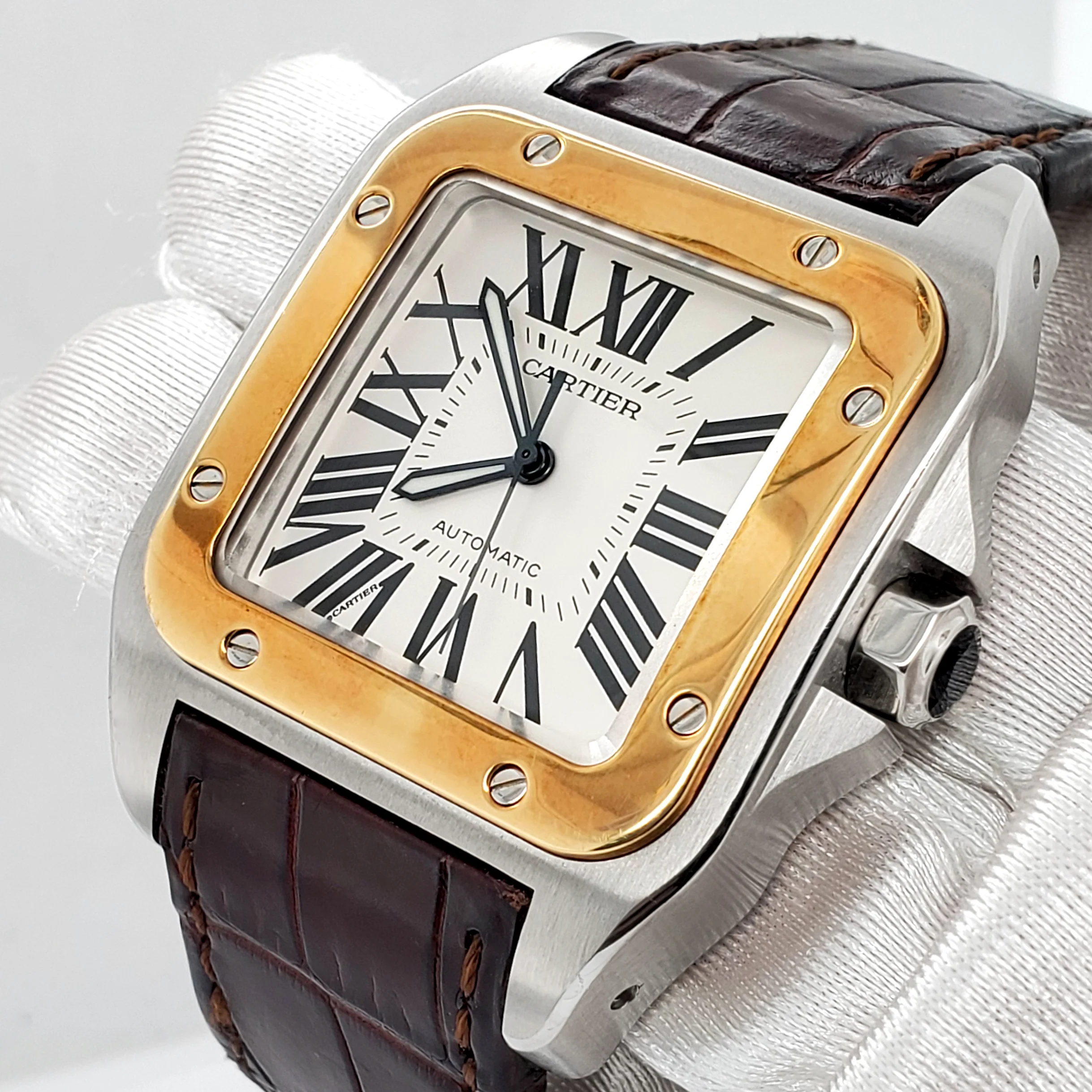 Cartier Santos 100 38mm Yellow Gold/Steel Silver White Dial Mens Watch 2656 W20072X7
