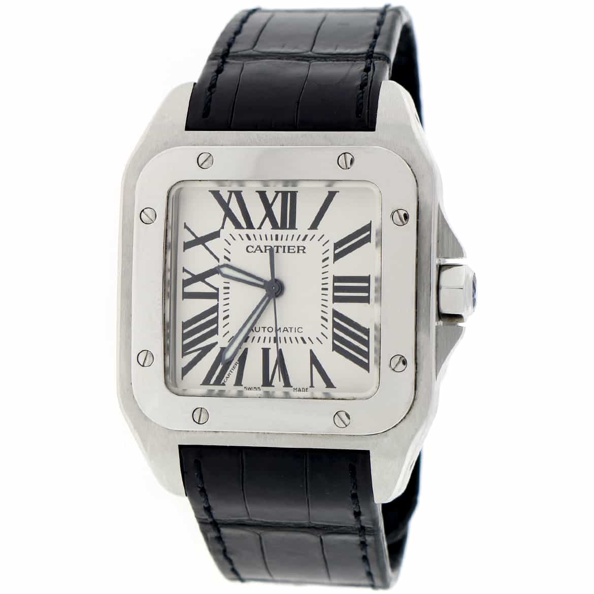 Cartier Santos 100 Large Silver Roman Dial Automatic Stainless Steel Mens Watch W20073X8