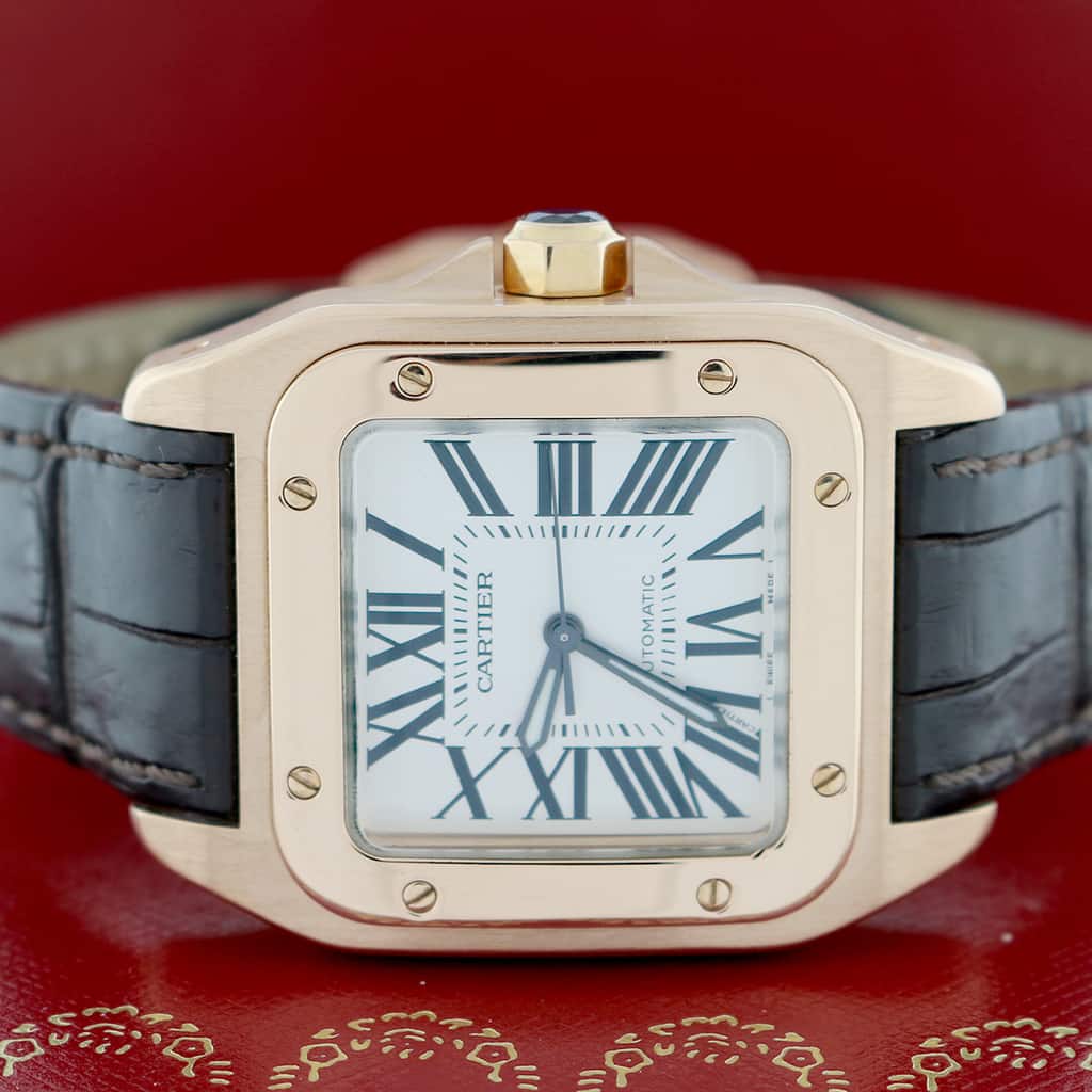Cartier Santos 100 Midsize 18K Rose Gold Original Silver Roman Dial Automatic Watch W20108Y1 - Image 2
