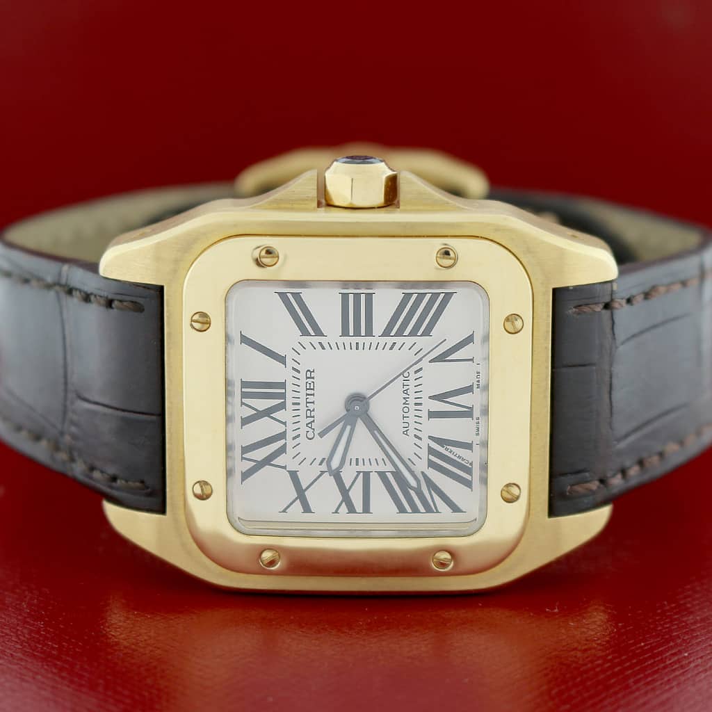 Cartier Santos 100 Midsize 18K Yellow Gold Silver Roman Dial Automatic Watch 2880 - Image 2