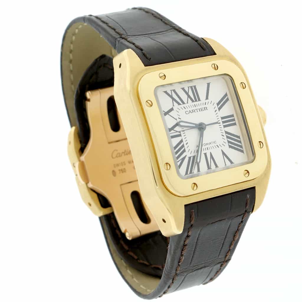 Cartier Santos 100 Midsize 18K Yellow Gold Silver Roman Dial Automatic Watch 2880 - Image 4
