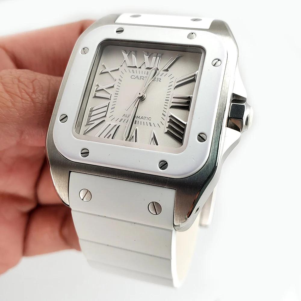 Cartier Santos 100 Midsize 33mm White Roman Dial/Rubber Strap/Steel Watch 2878 W20129U2 - Image 3