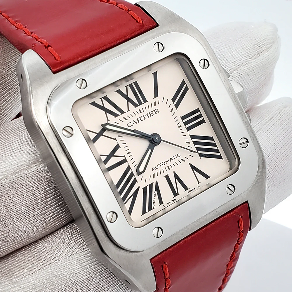 Cartier Santos 100 Midsize Red Leather Strap Watch 2878 W20106X8 - Image 2