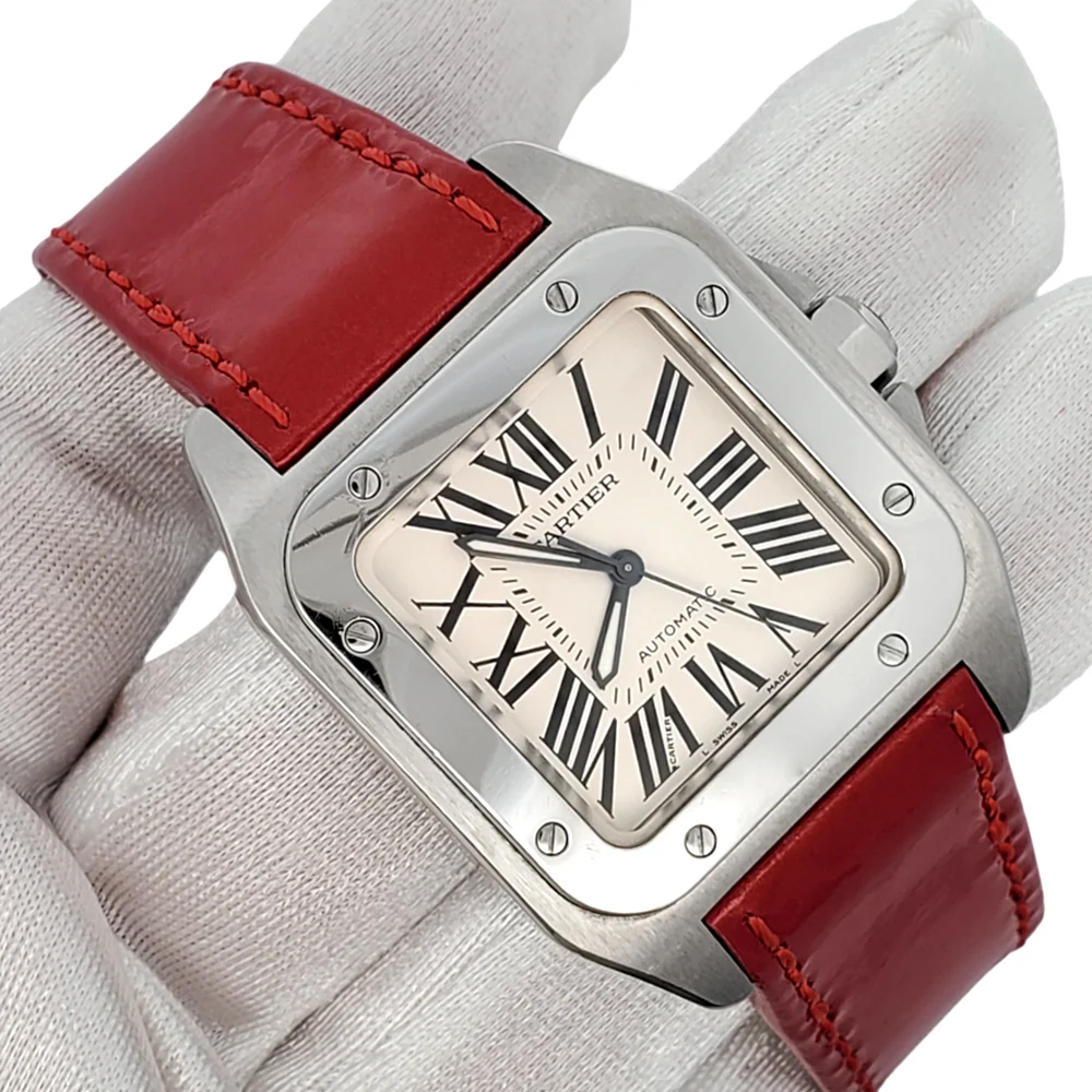Cartier Santos 100 Midsize Red Leather Strap Watch 2878 W20106X8 - Image 3