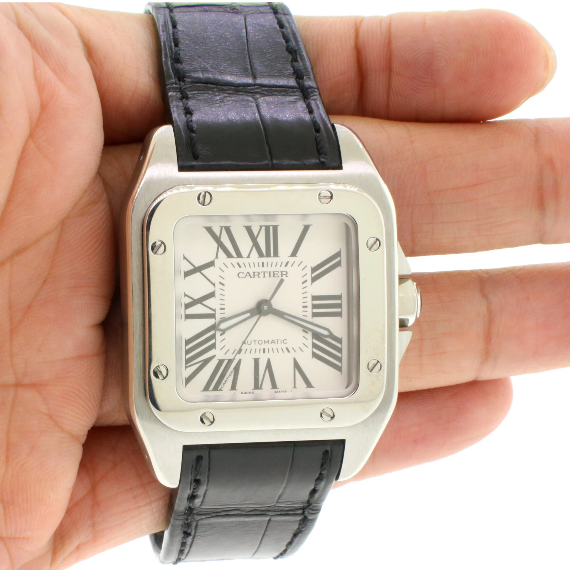 Cartier Santos 100 Midsize Silver Roman Dial Automatic Mens Watch 2878 - Image 7