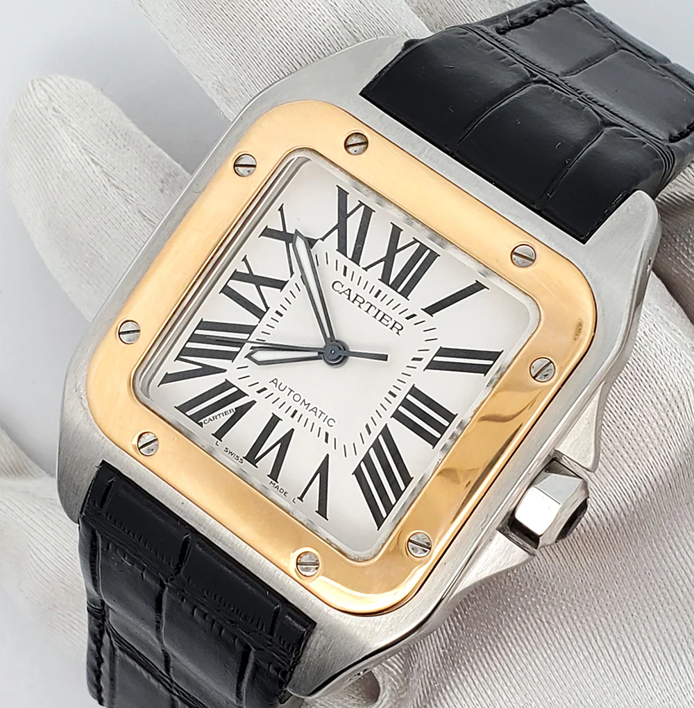 Cartier Santos 100 Steel Yellow Gold 38mm Silver Dial Mens Watch 2656 - Image 3