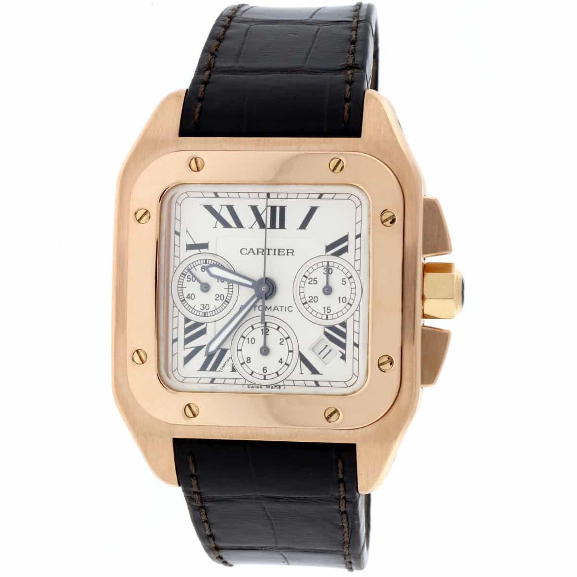 Cartier Santos 100 XL 18K Rose Gold Silver Roman Dial Automatic Mens Watch W20131Y1