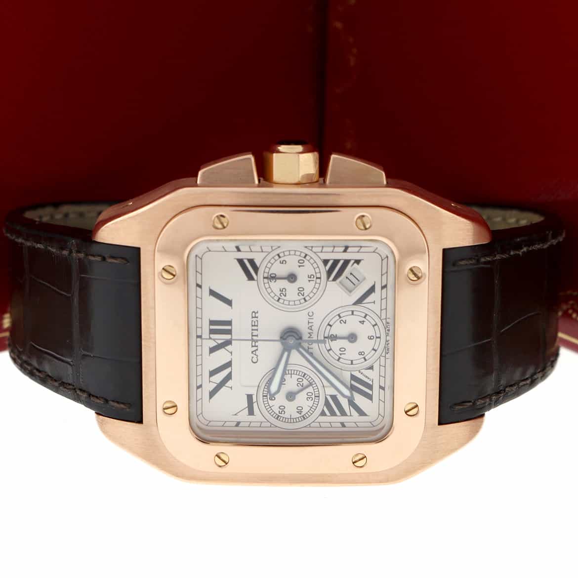 Cartier Santos 100 XL 18K Rose Gold Silver Roman Dial Automatic Mens Watch W20131Y1 - Image 2