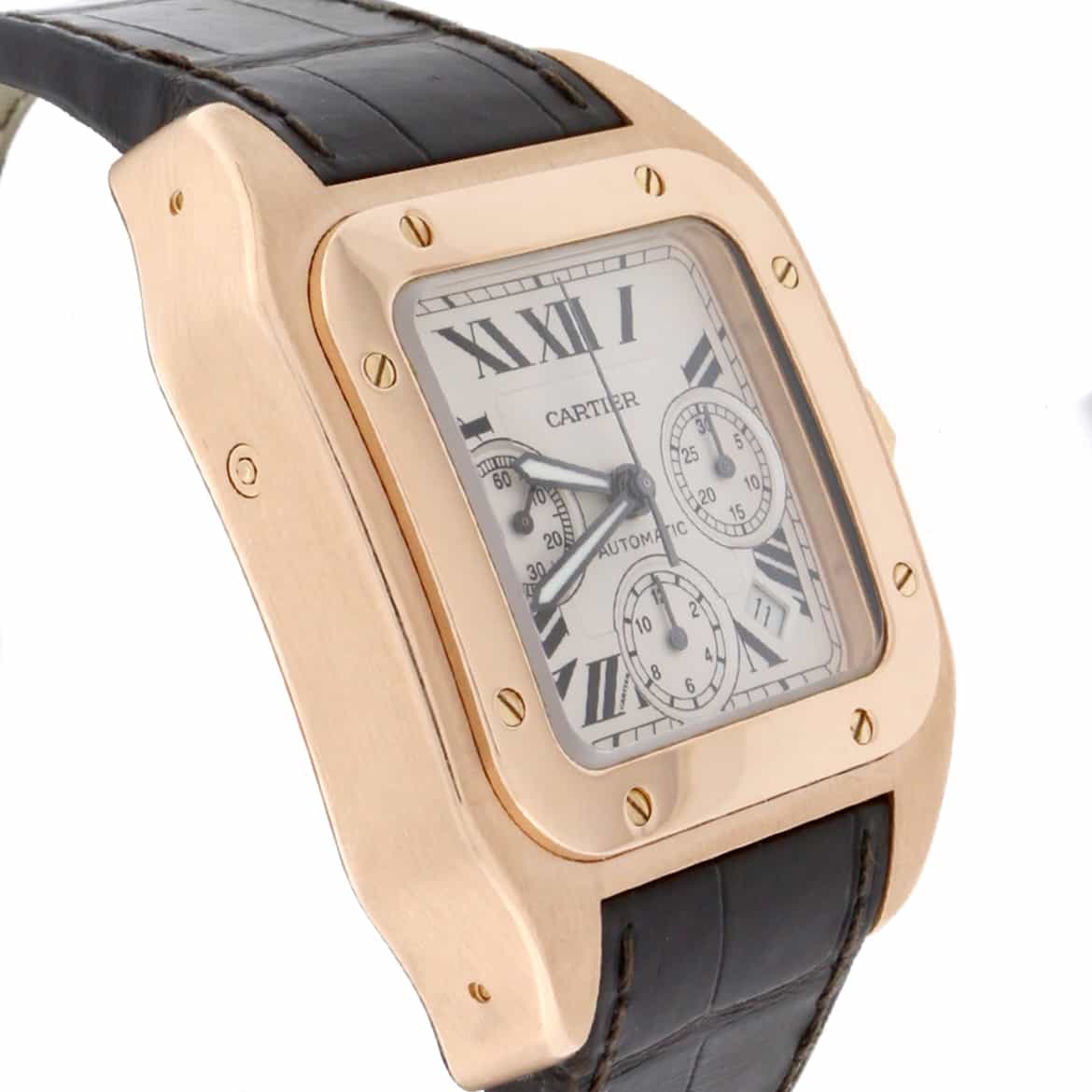 Cartier Santos 100 XL 18K Rose Gold Silver Roman Dial Automatic Mens Watch W20131Y1 - Image 6
