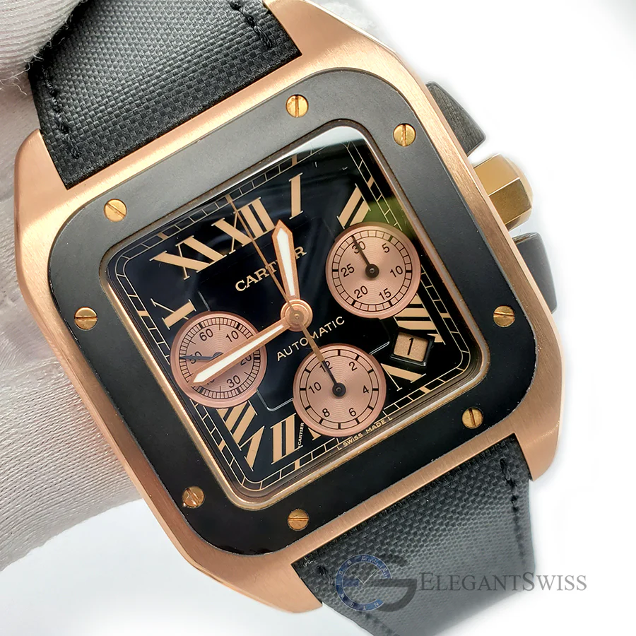 Cartier Santos 100 XL Chronograph Black Roman Dial Rose Gold Watch 2935 Box Papers - Image 2