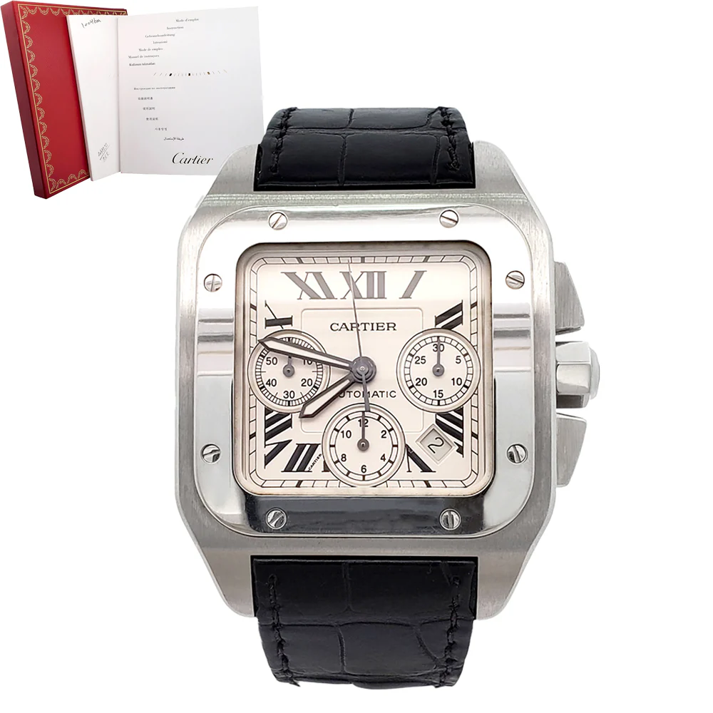 Cartier Santos 100 XL Chronograph White Roman Dial Stainless Steel Watch W20090X8 2740 Papers - Image 3