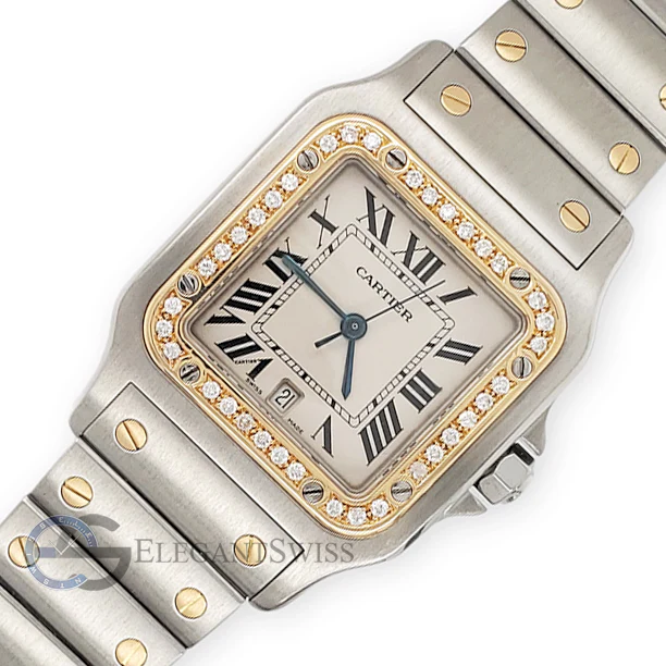 Cartier Santos Galbee 29mm Diamond Bezel Silver Dial Yellow Gold/Steel Watch 1566