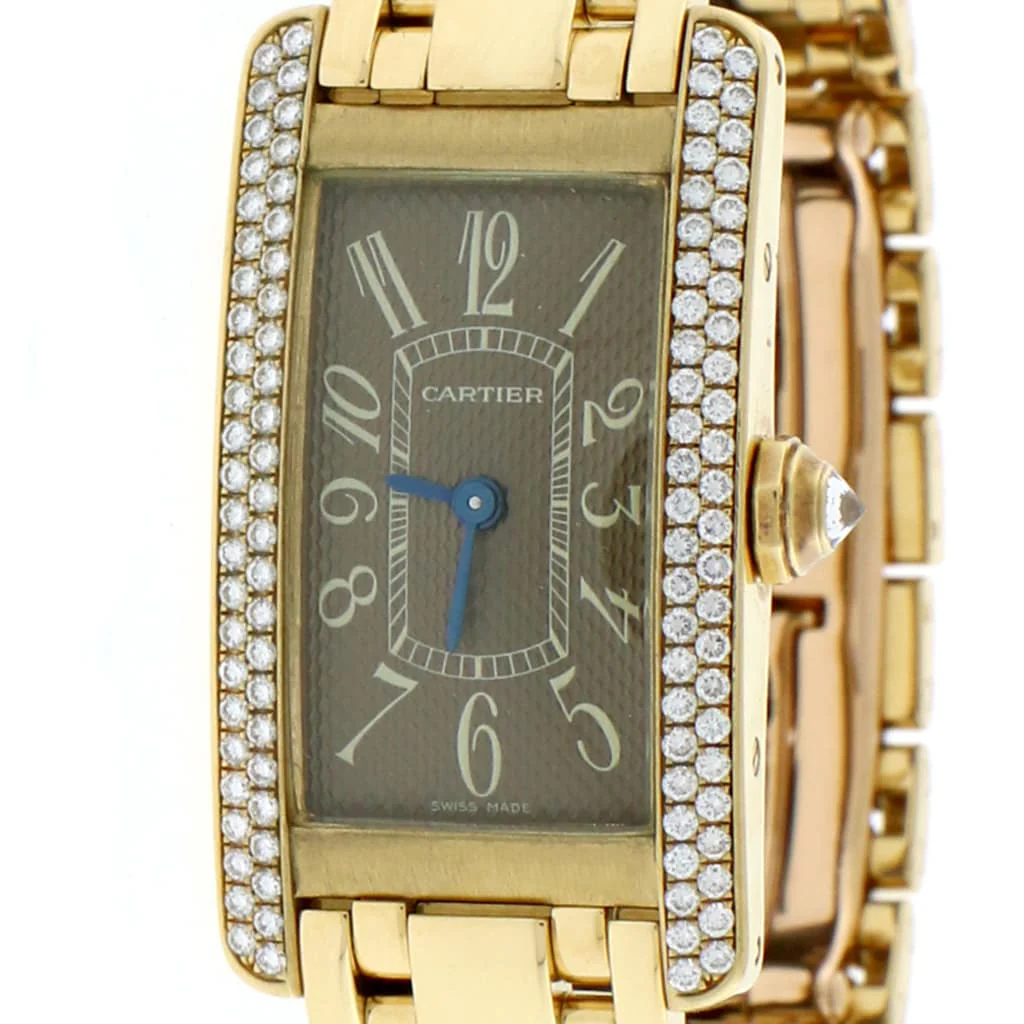 Cartier Tank Americaine 18K Yellow Gold Factory Diamond Bezel Chocolate Arabic Dial 19MM Ladies Watch 1710 - Image 2