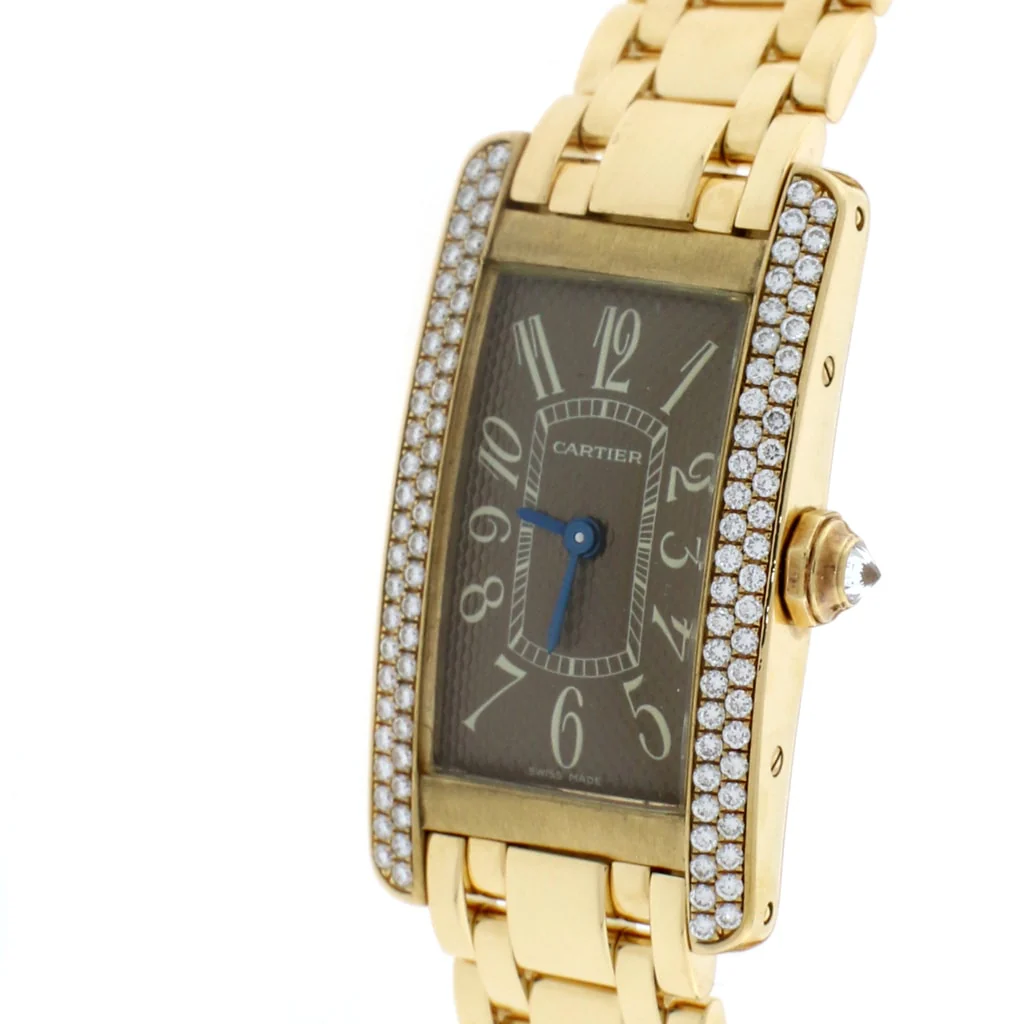 Cartier Tank Americaine 18K Yellow Gold Factory Diamond Bezel Chocolate Arabic Dial 19MM Ladies Watch 1710 - Image 3