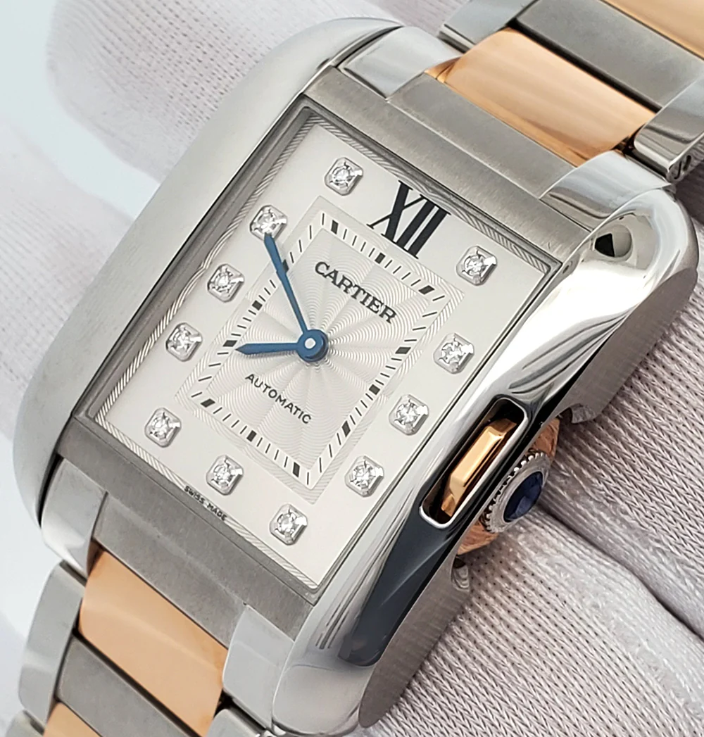 Cartier Tank Anglaise Large Factory Silver Diamond Dial 2-Tone Rose Gold/Steel Watch 3511