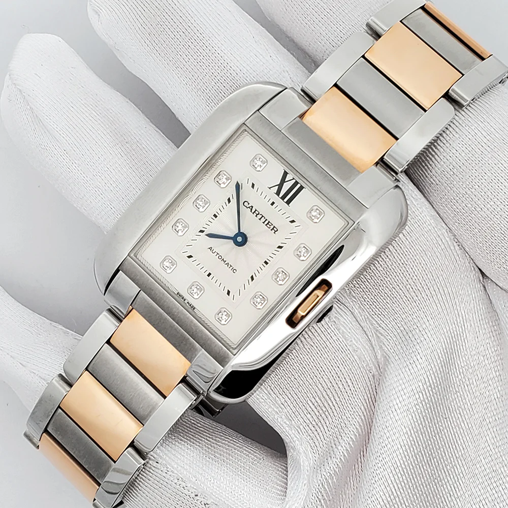 Cartier Tank Anglaise Large Factory Silver Diamond Dial 2-Tone Rose Gold/Steel Watch 3511 - Image 3
