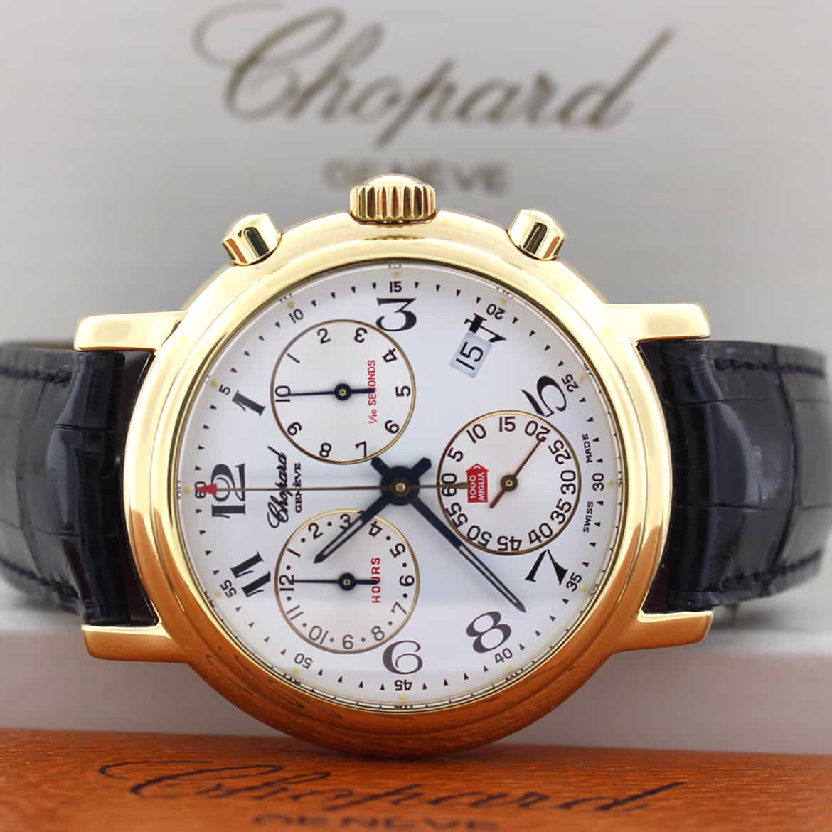 Chopard Mille Miglia Chronograph 18K Yellow Gold 39MM Silver Dial Mens Watch 2250 - Image 2