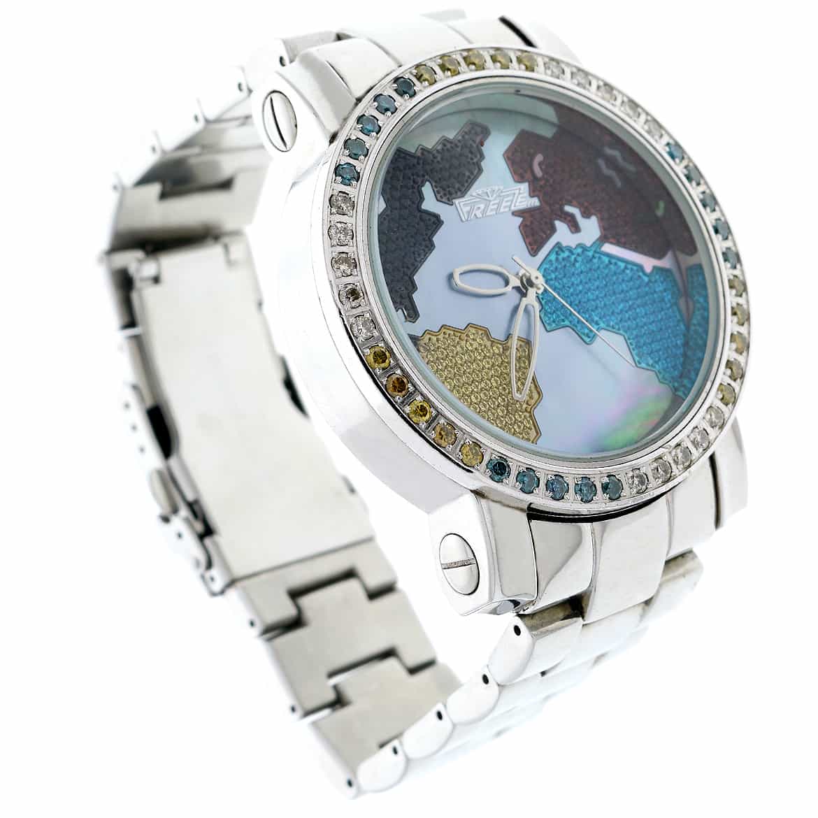 Freeze World Map Mother of Pearl Dial Diamond Bezel 49MM Stainless Steel Mens Watch - Image 2