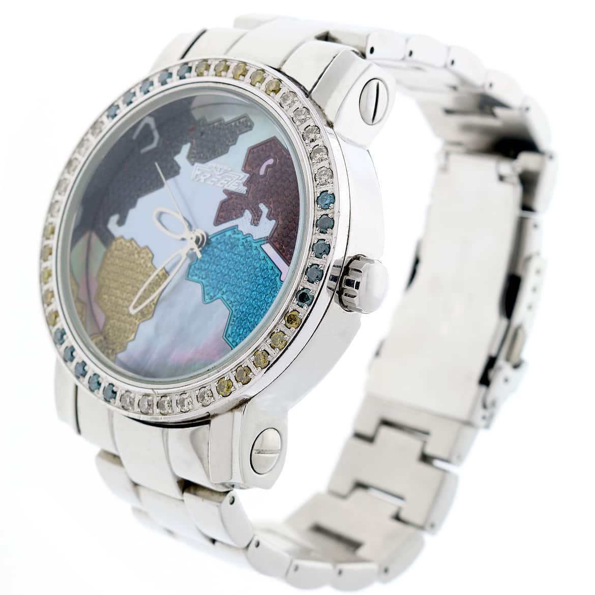 Freeze World Map Mother of Pearl Dial Diamond Bezel 49MM Stainless Steel Mens Watch - Image 3